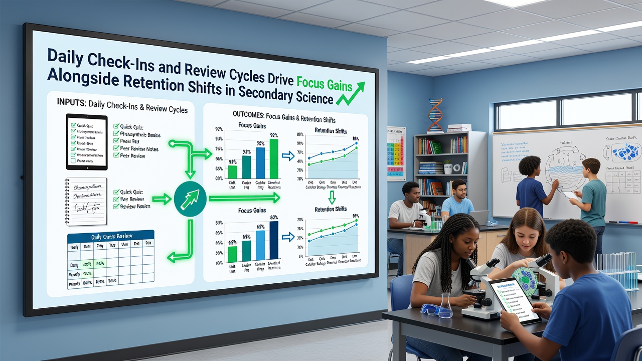 Secondary students reviewing experiment data on a shared board during a mid-lab cycle review in a science classroom